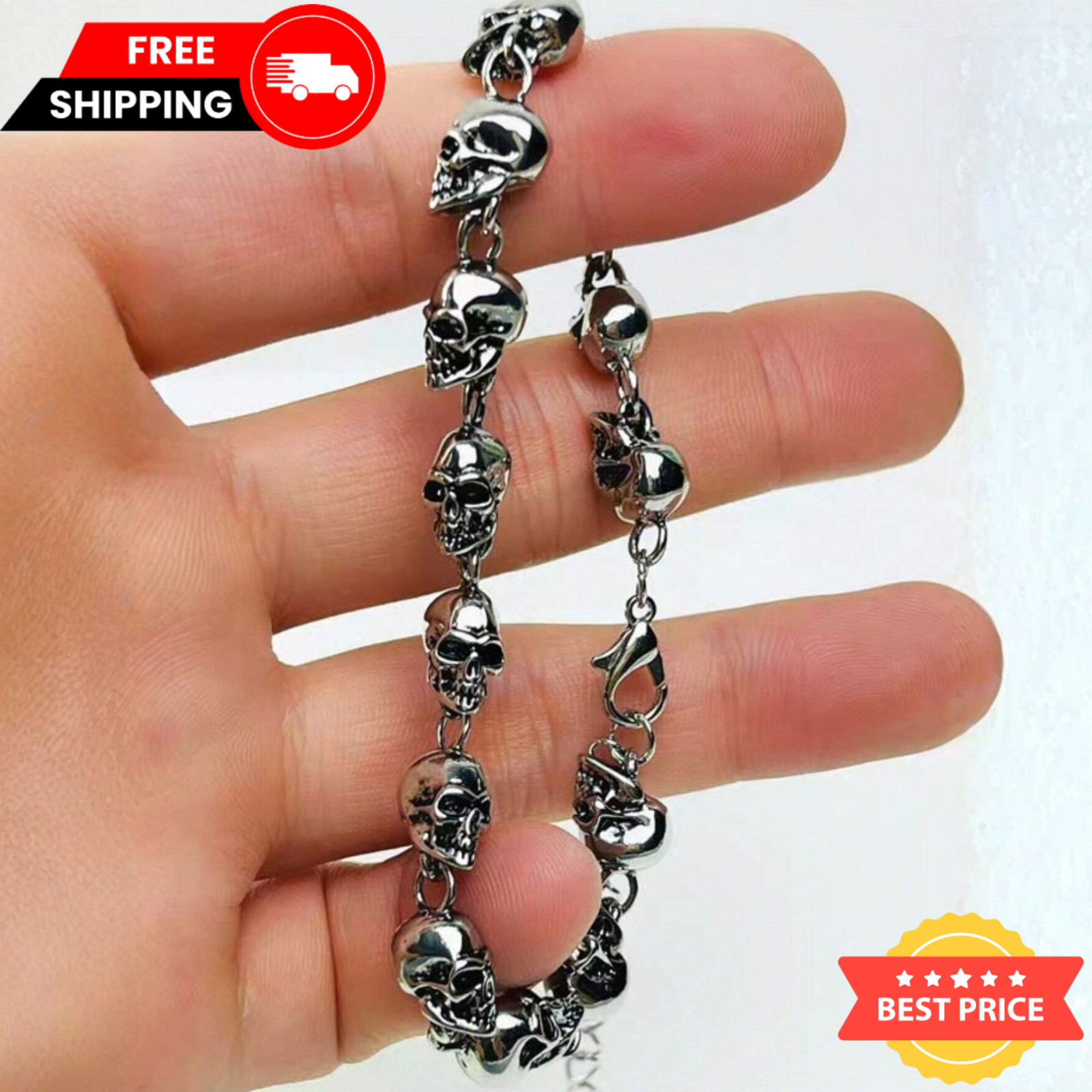 Skull Chain Bracelet Gothic Punk Antique Silver Halloween Jewelry For Women Men