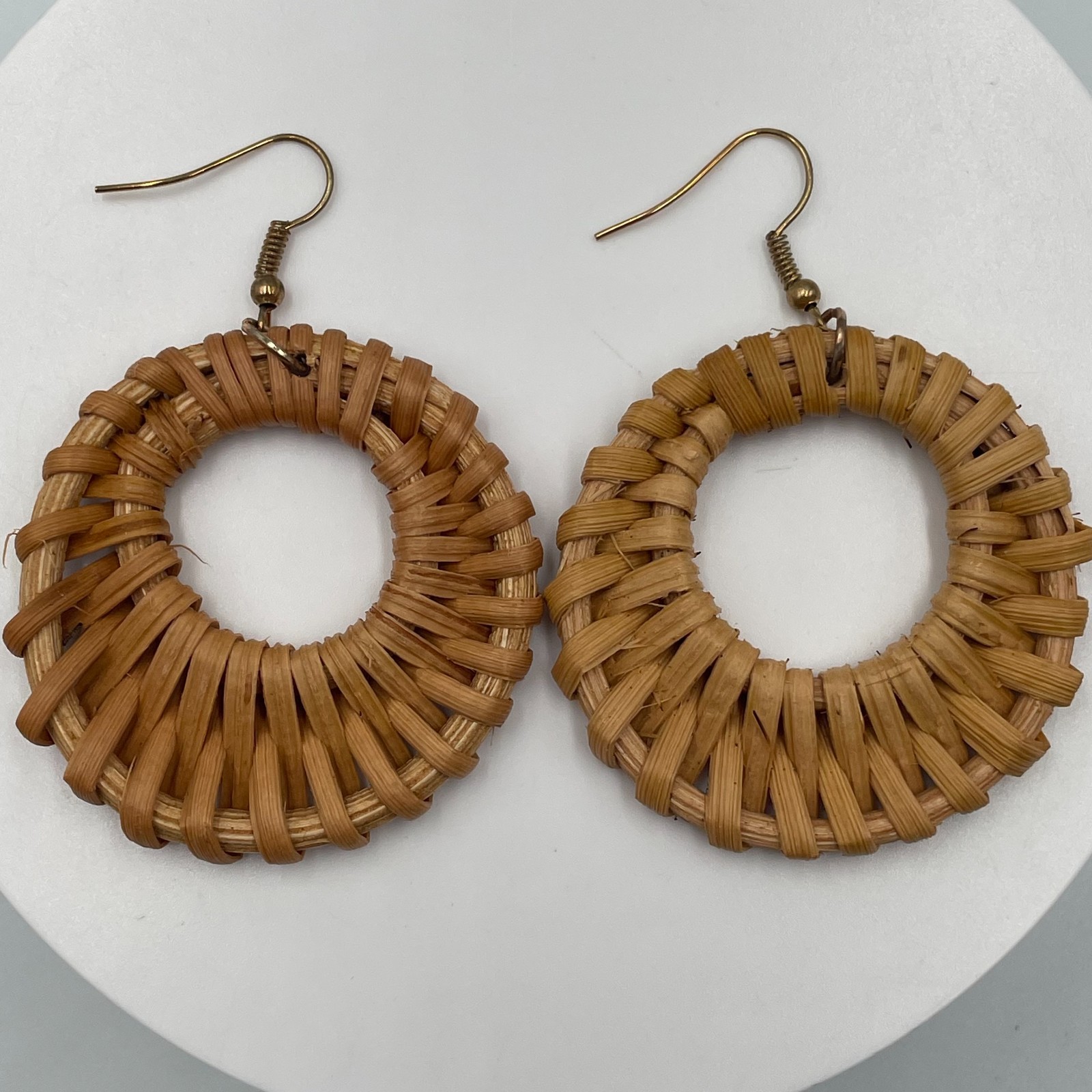 Vintage Boho Woven Rattan Straw Bamboo Open Hoop Large Statement Drop Earrings