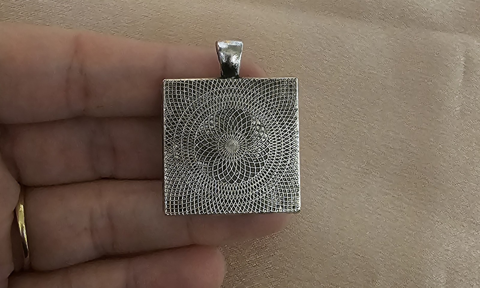 Real Flower Square Resin Pendant Pressed Botanicals on Silver Lace Doily