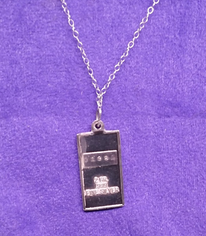 John F. Kennedy Profile .999 Fine Silver 2 Gram Bar Pendant, 18″ Sterling Chain