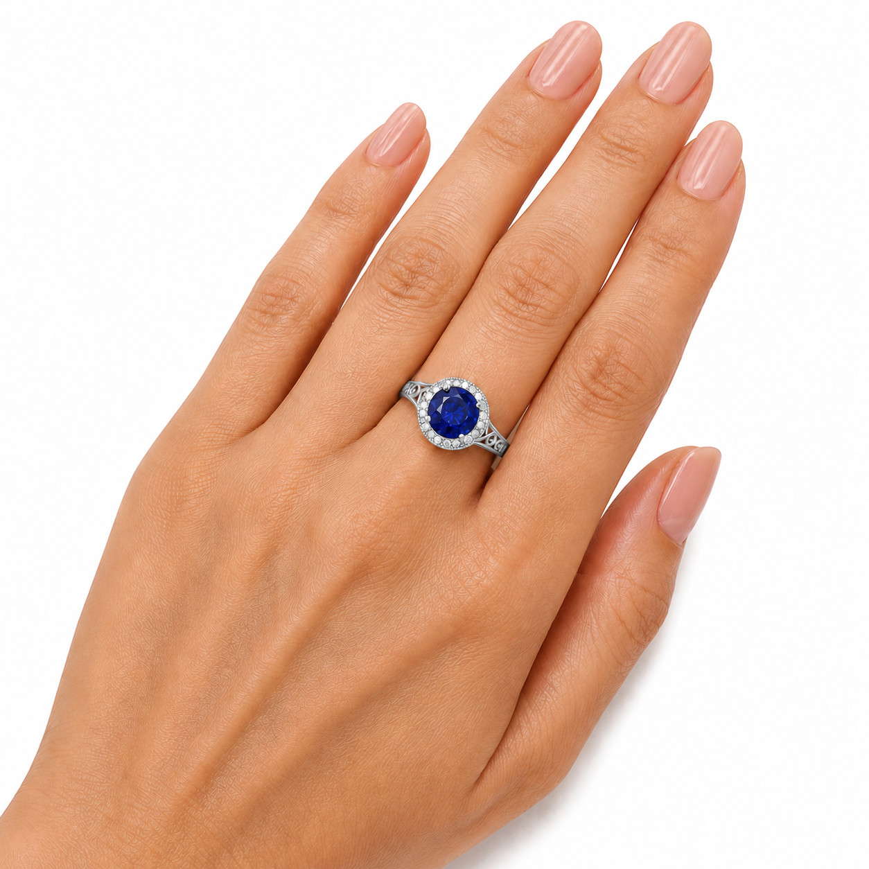 Sterling Silver 925 Blue Sapphire Round Cut 7.00mm Vintage Halo Engagement Ring