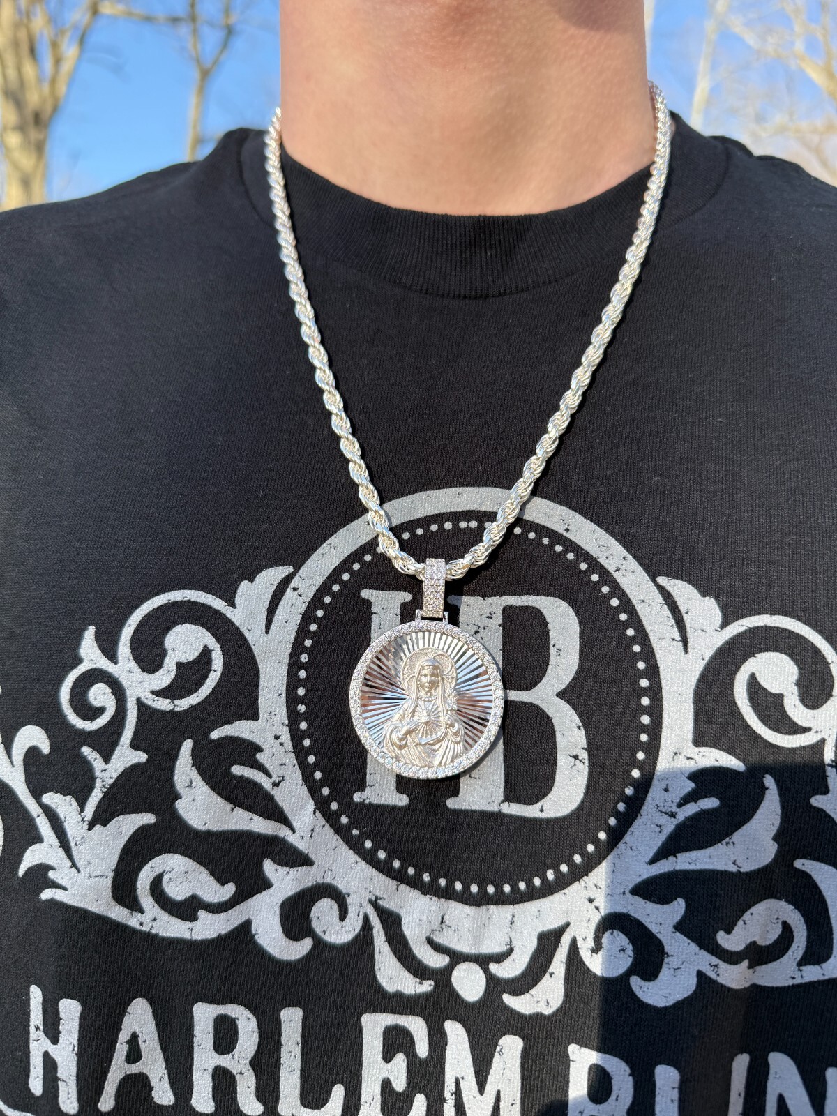 MOISSANITE Virgin Mary Round Medallion Pendant Real 925 Silver / Gold Necklace