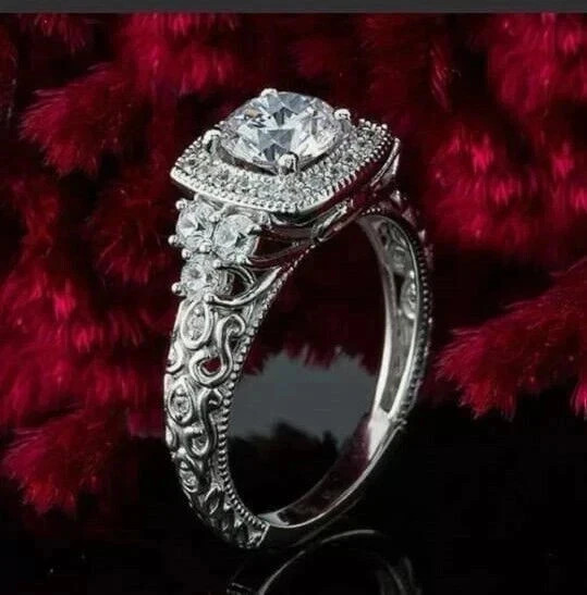 14K White Gold Plated 2.5Ct Round Lab Created Diamond Women Halo Engagement Ring