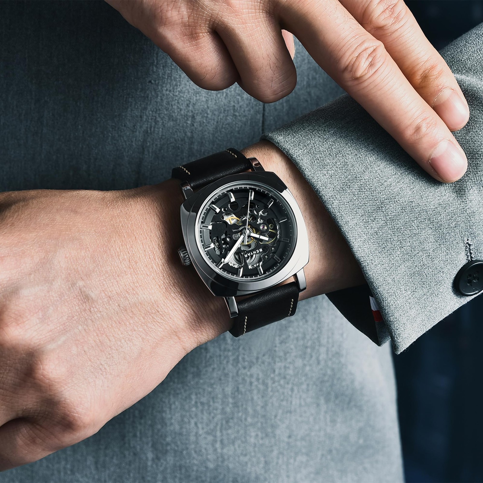 Automatic Watches for Men | Skeleton Mechanical Leather Strap Mens Watch | 45…