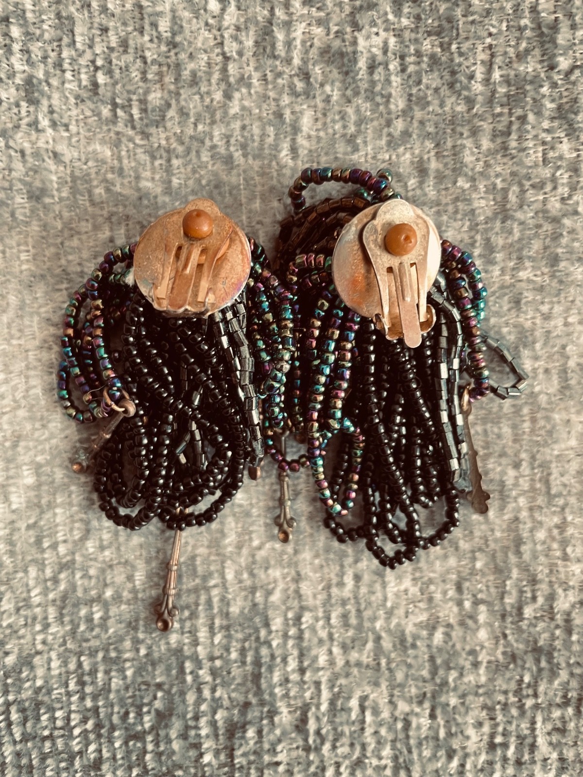 VTG 80s Glass Seed Bead Clip Earrings Brooch Metallic Iridescent Pom Pom Fringe