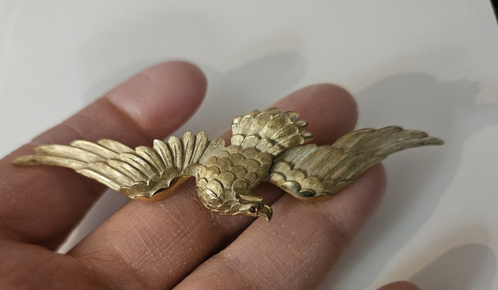 VINTAGE Signed CROWN TRIFARI Eagle Brooch Red Cabochon Crystal Eyes PATRIOTIC