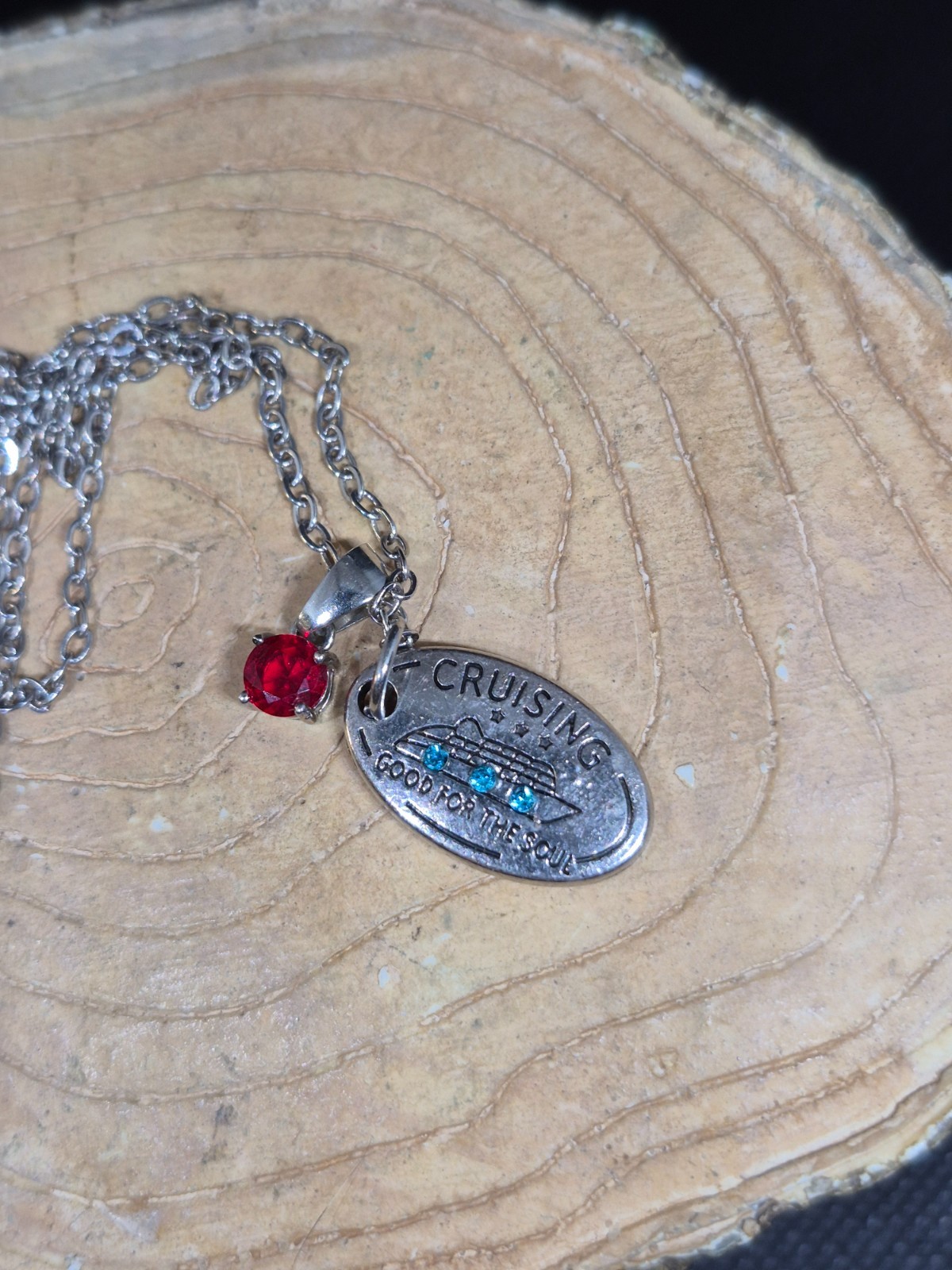 EFFY Silver Tone Cruising Good For The Soul Pendant Necklace Red Accent Charm