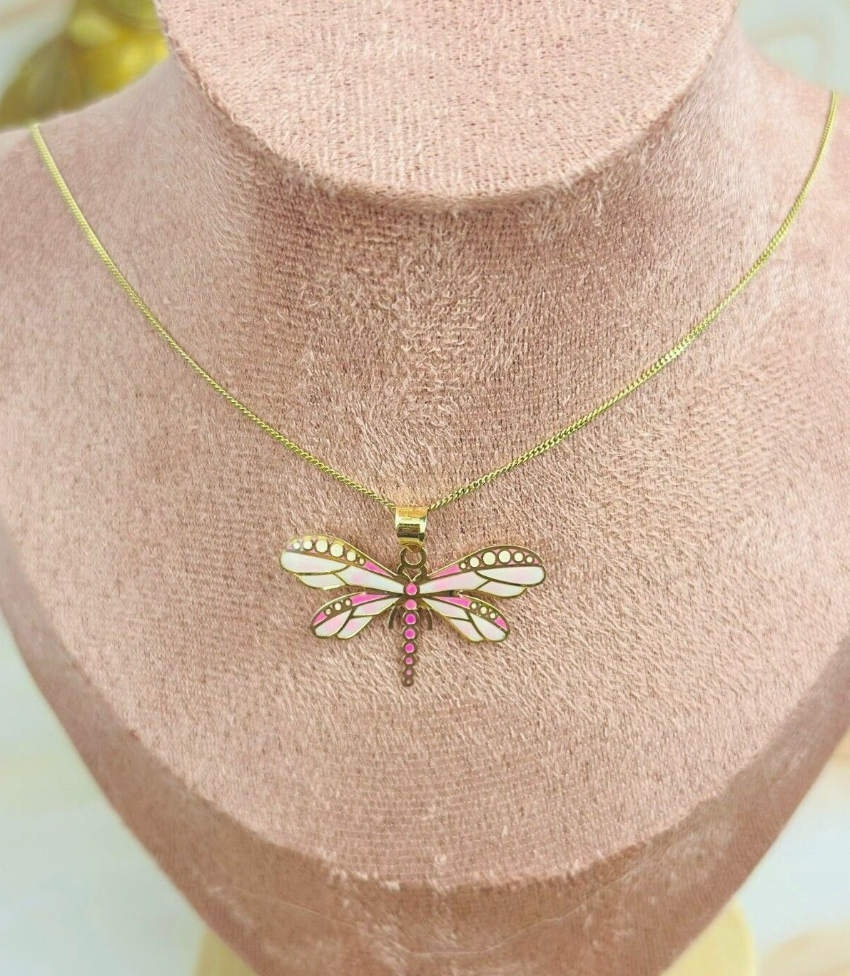14K Solid Gold Pink Dragonfly Pendant Insect, Animal Necklace Hand-Painted Italy