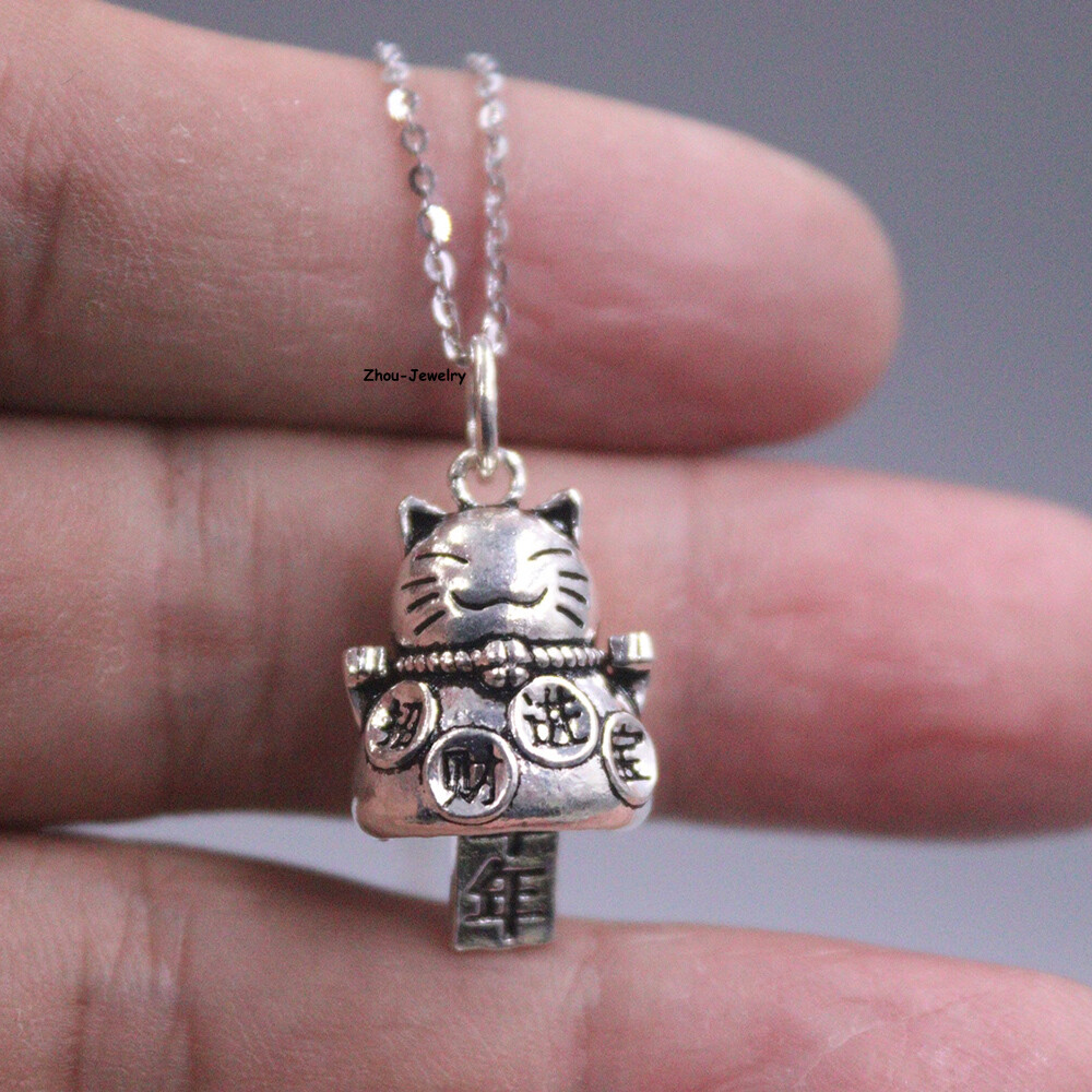 Real S925 Sterling Silver Pendant Men Women Fortune Cat Pendant 28*14mm 3-4g