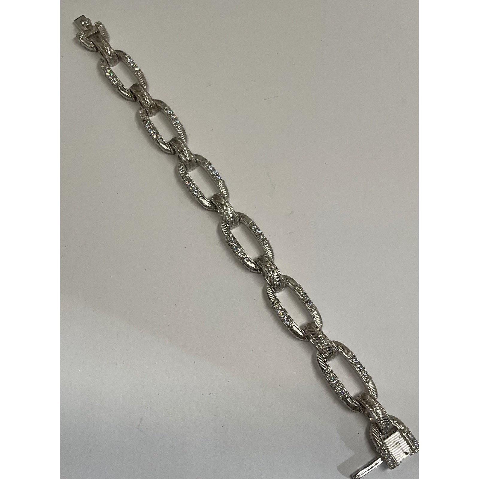 Judith Ripka Sterling Silver CZ Berge Textured Oval Link Bracelet 7.25in