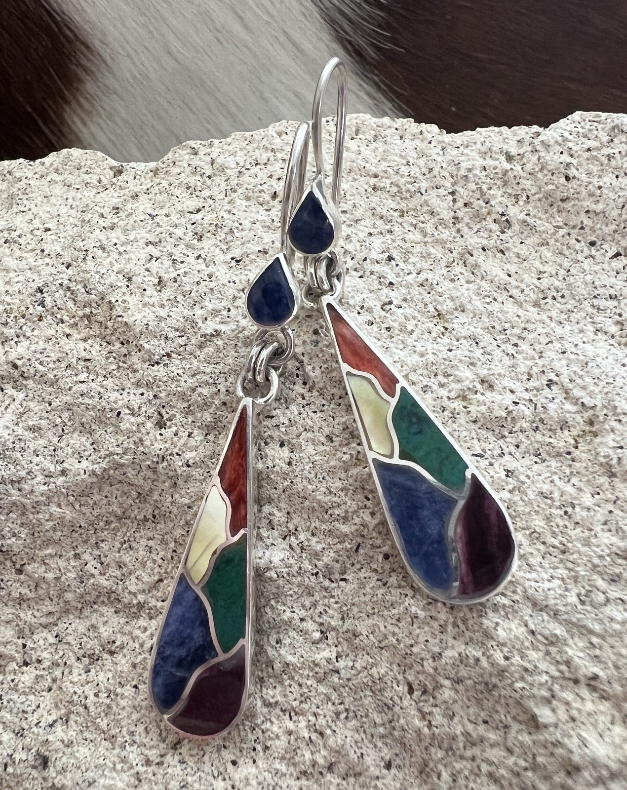 WOW Peruvian Inca Inlaid Turquoise Spiny MOP Lapis Dangle 950 Silver Earrings