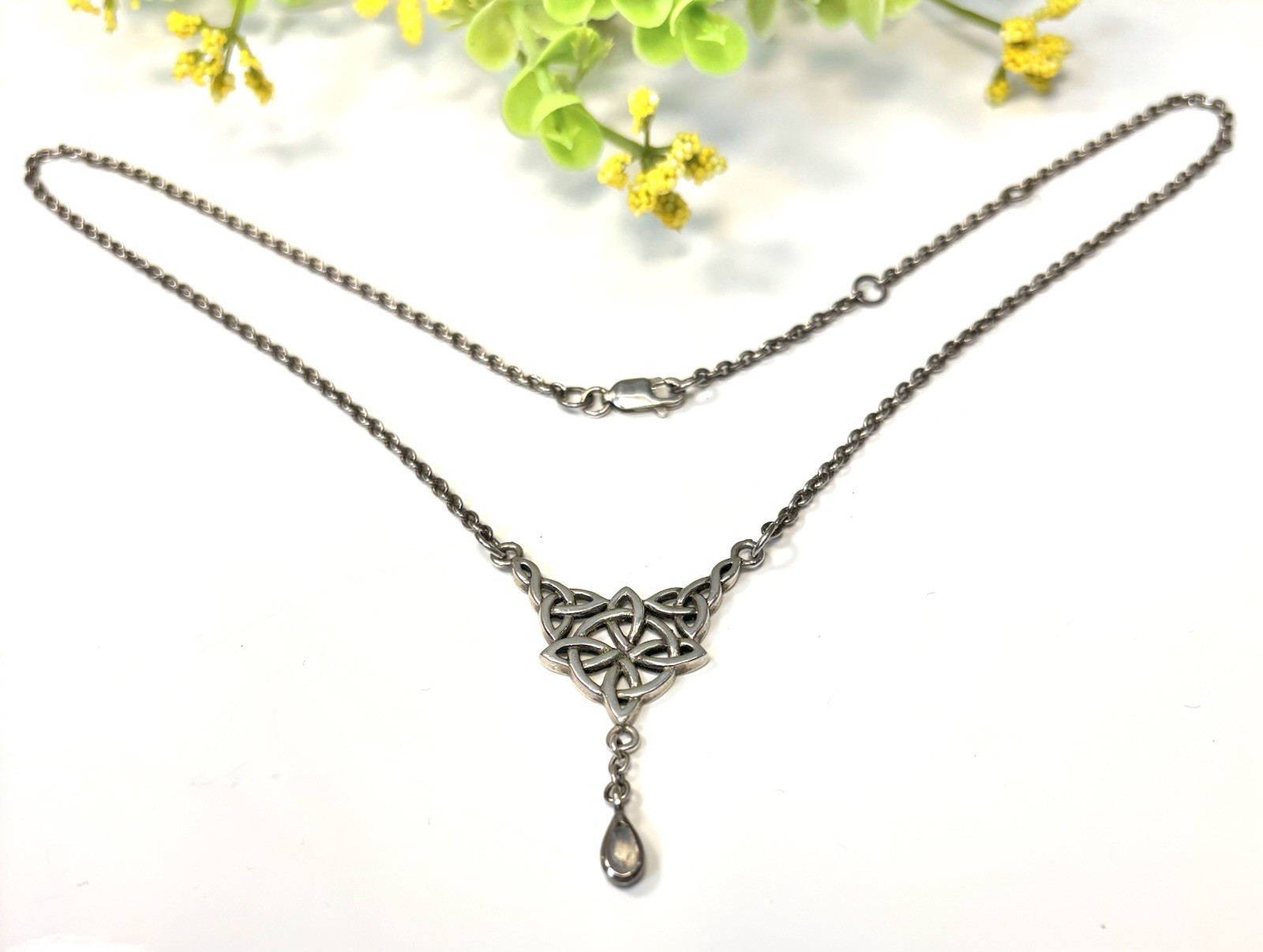 VTG Peter Stone Sterling Silver 925 Celtic Triquetra Moonstone Necklace 16″-18”L