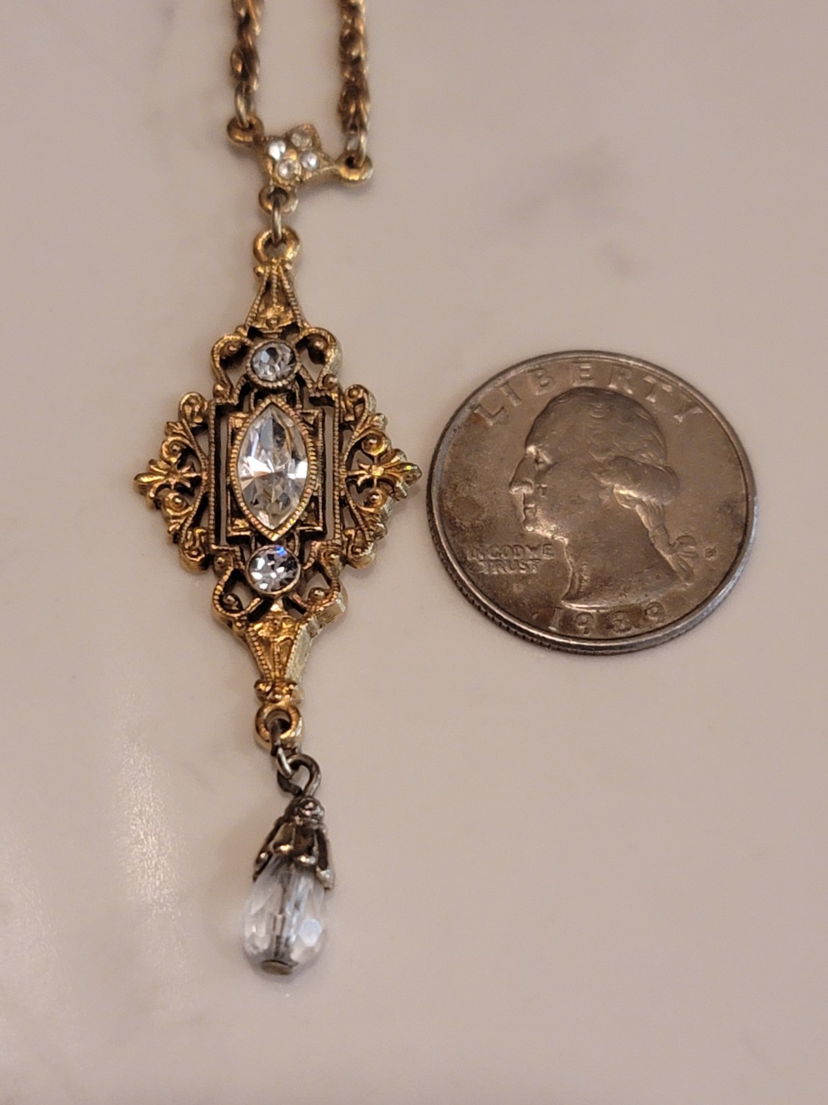 Vintage 1928 Gold Tone Crystal Drop Pendant Necklace Art Deco Revival