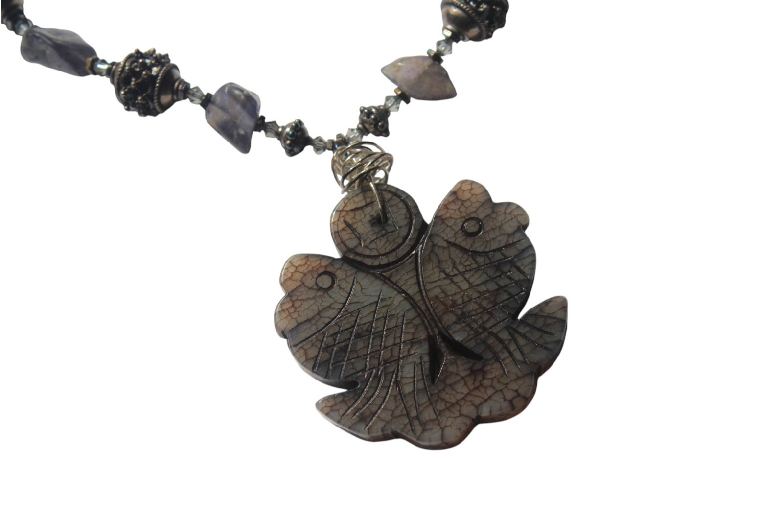 Silver Tone Carved Stone Fish Necklace Open Work Beaded Unique Koi Pisces Asian
