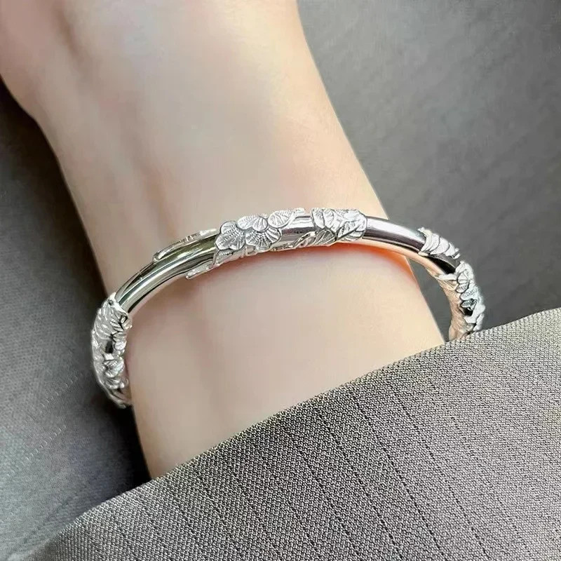 925 Sterling Silver Flower Open Bangle Bracelet Adjustable Women’s Fashion Gift