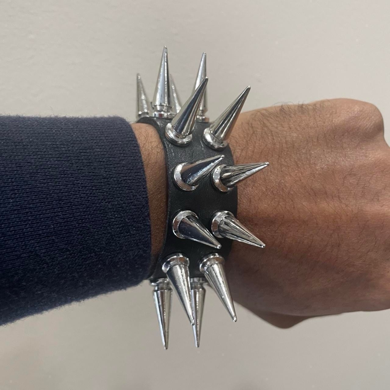 Extra Spiked Black and silver Pu leather punk goth bracelet emo brand new