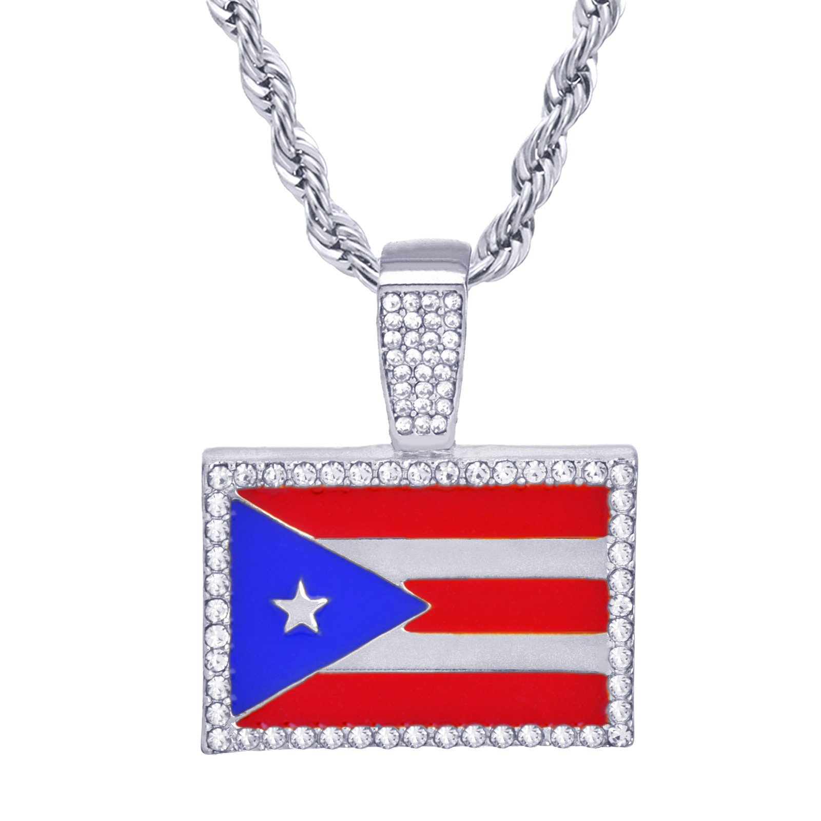 Men’s Silver Plated Iced Puerto Rico Flag Pendant 24″ Rope Chain Necklace 1046 S