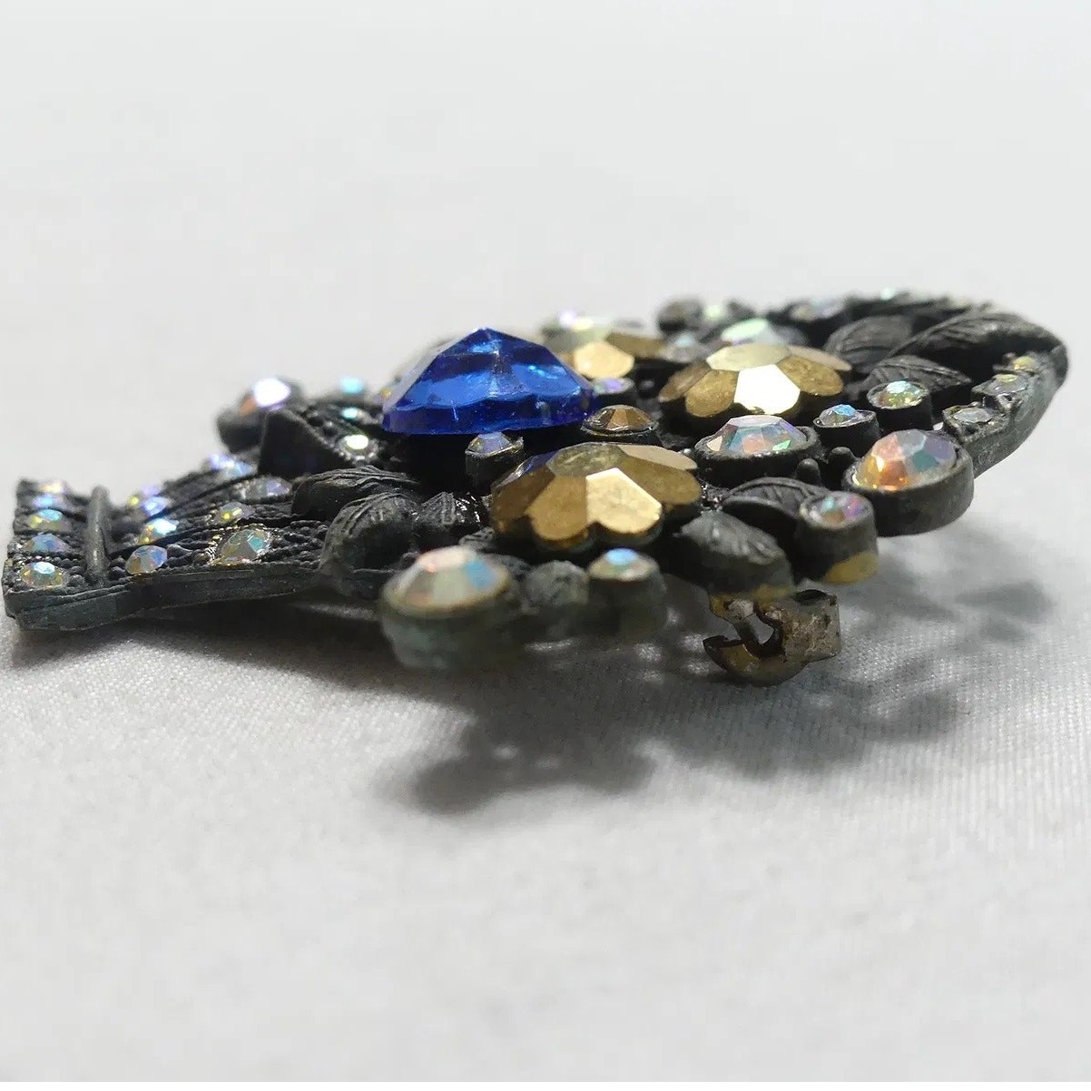 Vintage Mid Century Flower Basket Brooch with Cobalt, Aurora Borealis Rhinestone