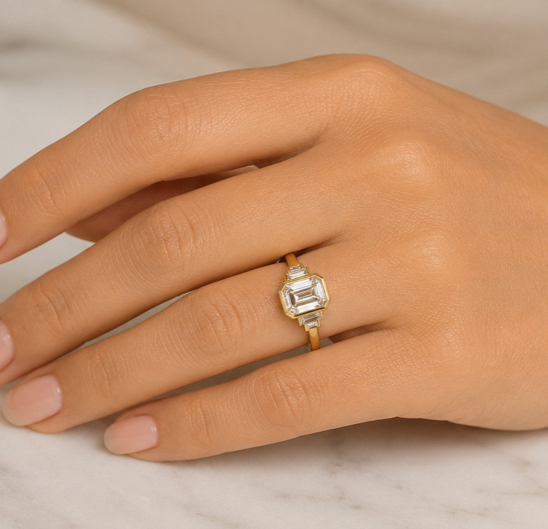 3 Carat Lab Grown Emerald Cut Diamond Bezel Set Engagement Ring in Yellow Gold