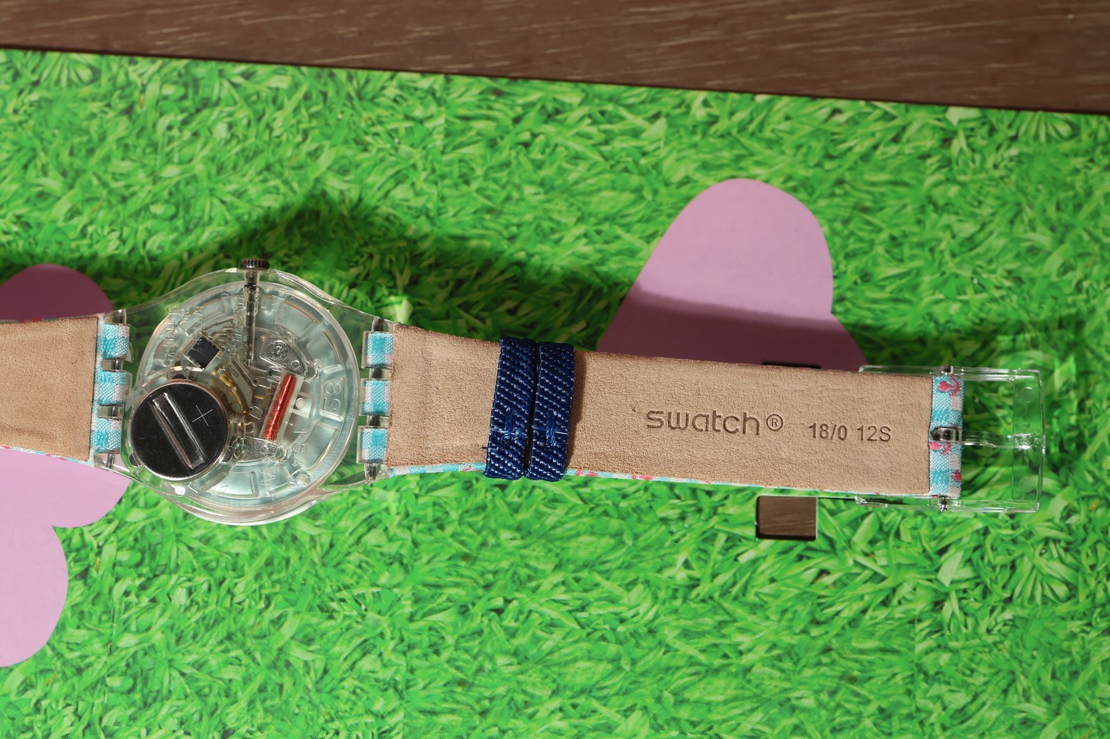 NEW Limited Swiss Swatch ROSES4U Flowers Denim Leather Strap Clear 34mm GZ291