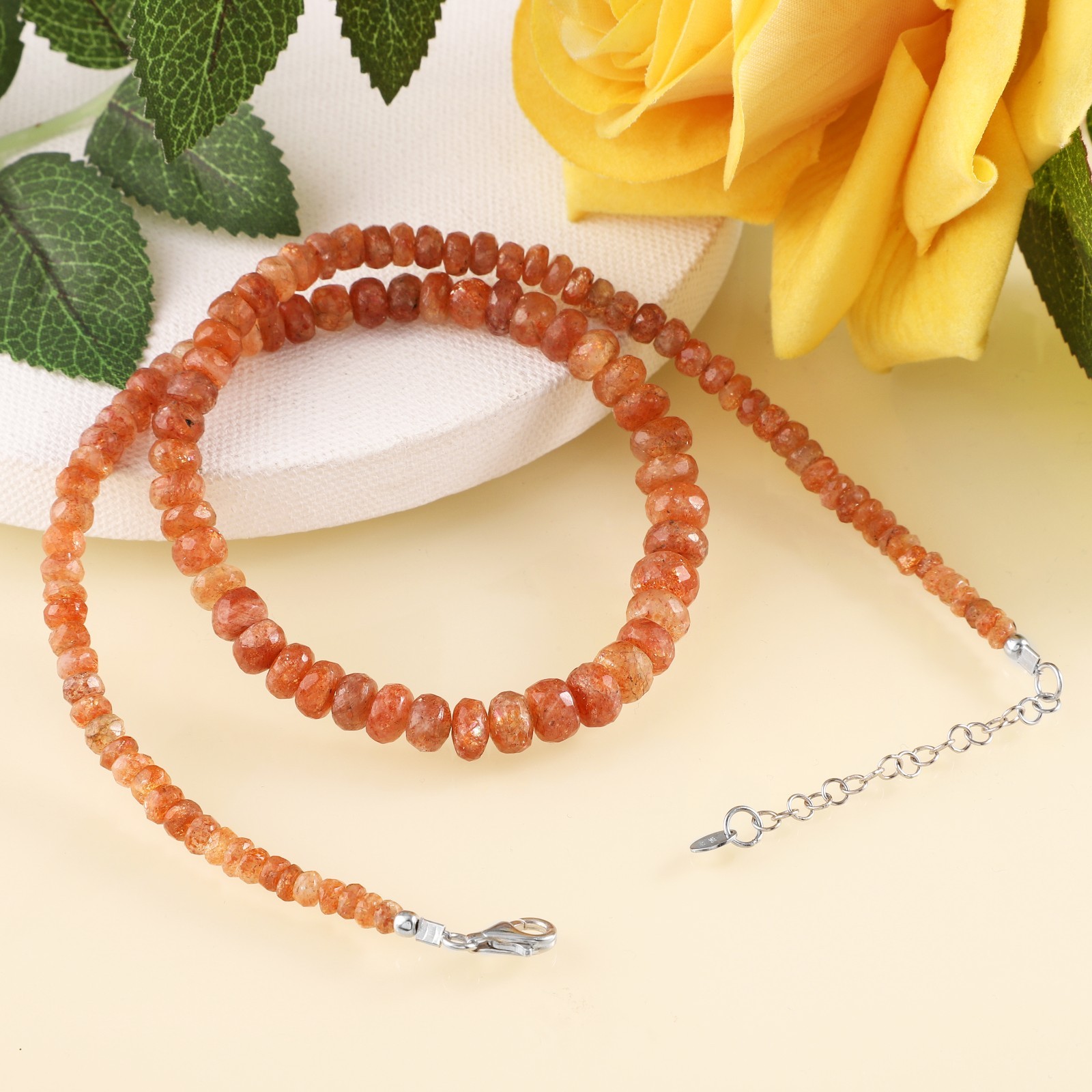 100%Natural Sunstone Stone Beaded Handmade Necklace Faceted Roundel 925 Silver