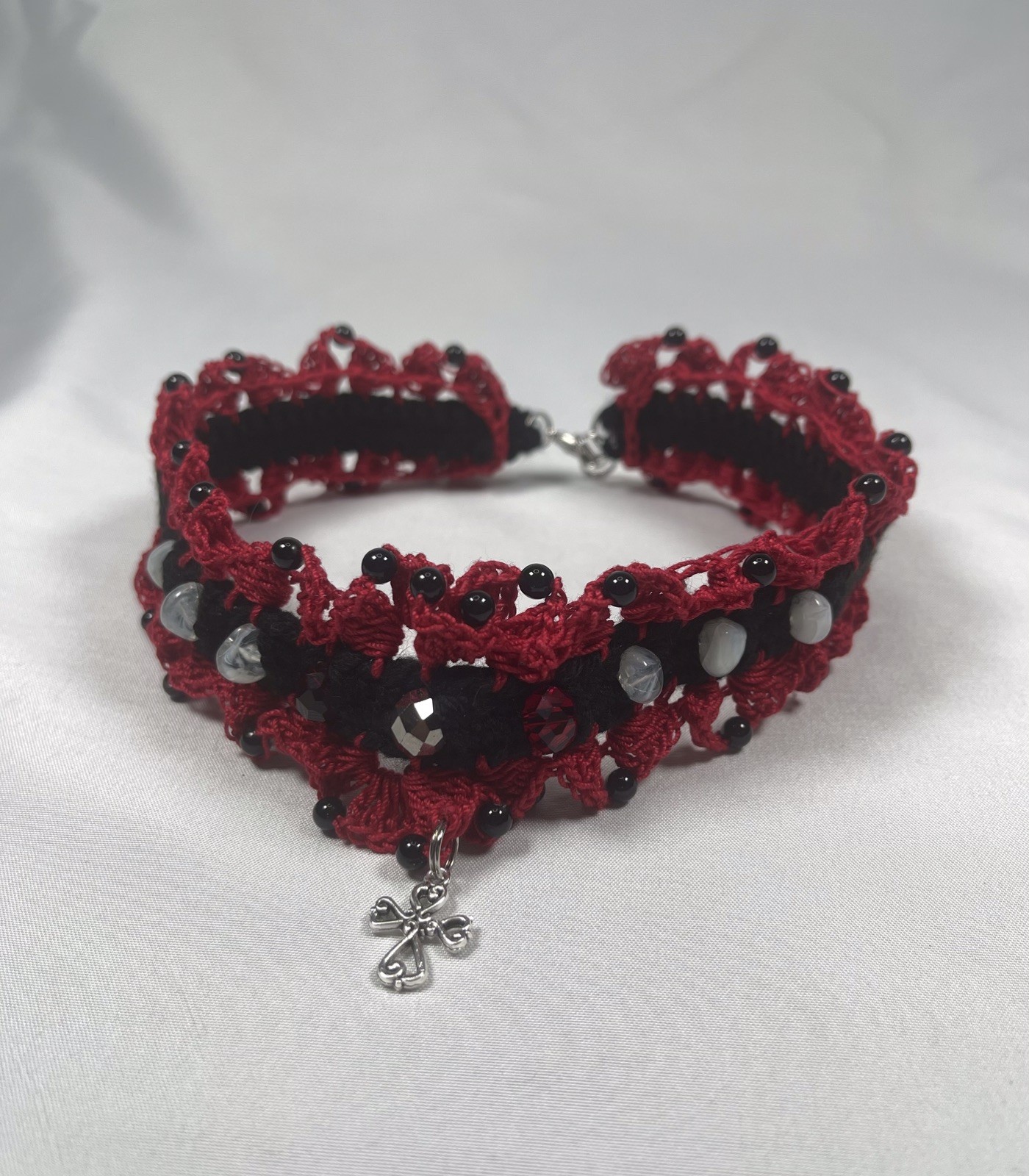 Vintage Handmade Goth Crochet Red & Black Choker Necklace by Odythia