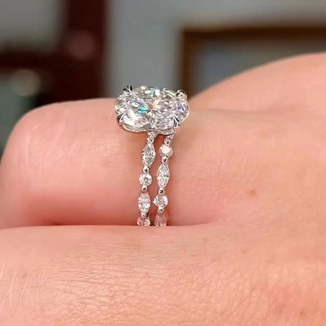 3ct Oval Cut Moissanite 14K White Gold Plated Bridal Ring Set Wedding Band