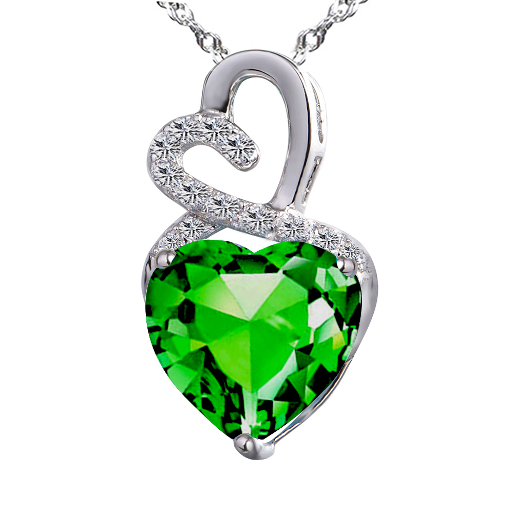 Sterling Silver Simulated Emerald Double Heart Pendant Necklace Gifts for Women