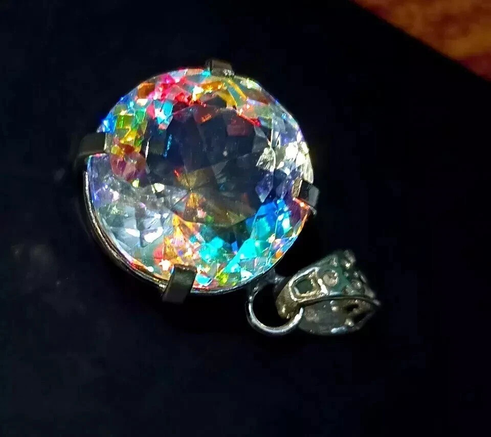 Round Cut 90 Ct+ Natural Mystic Topaz 925 Solid Silver Rainbow Pendant Gemstone