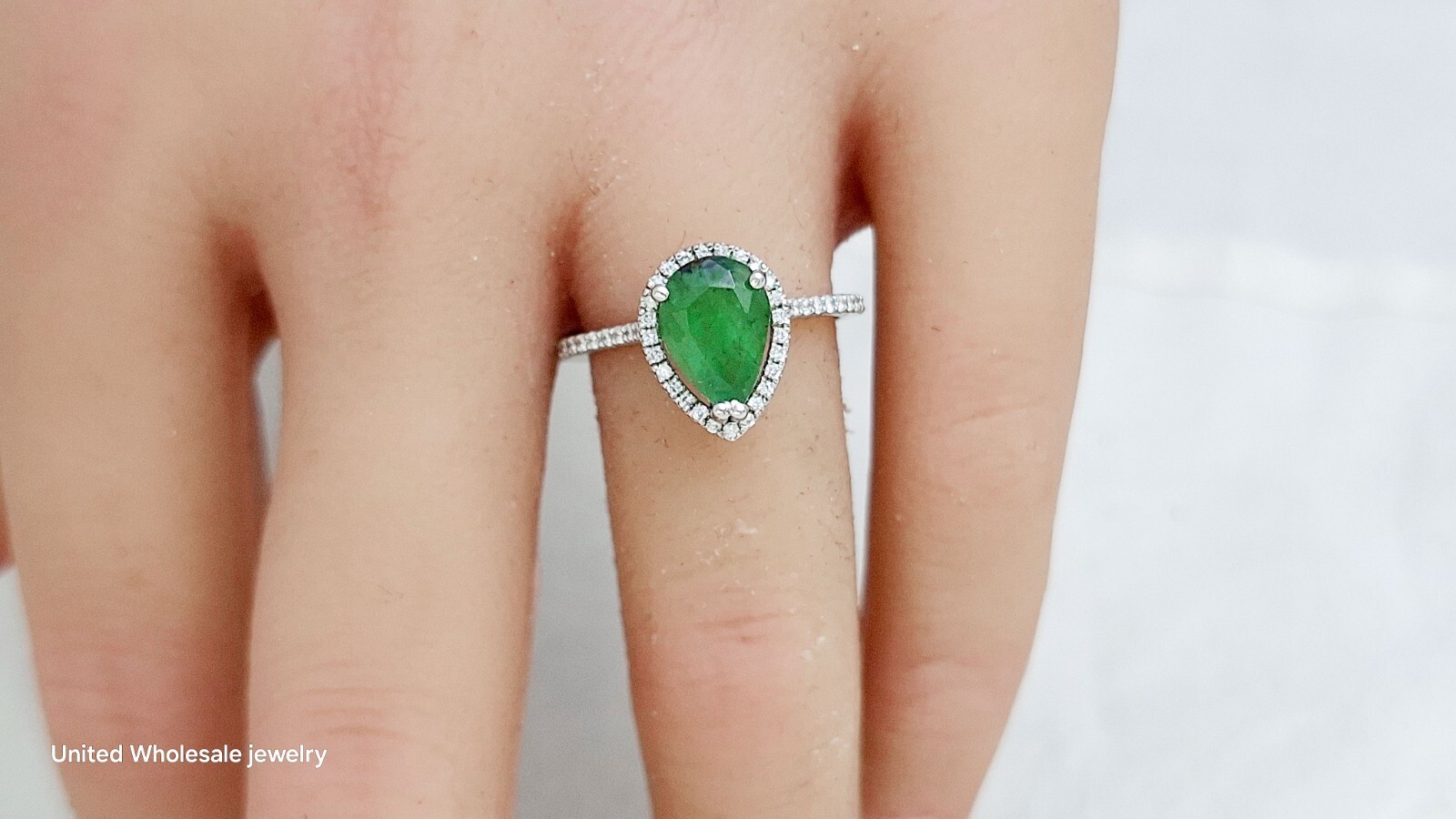 2.38Ct Genuine Mined Pear Emerald & Diamond Ring In Solid 14K White Gold