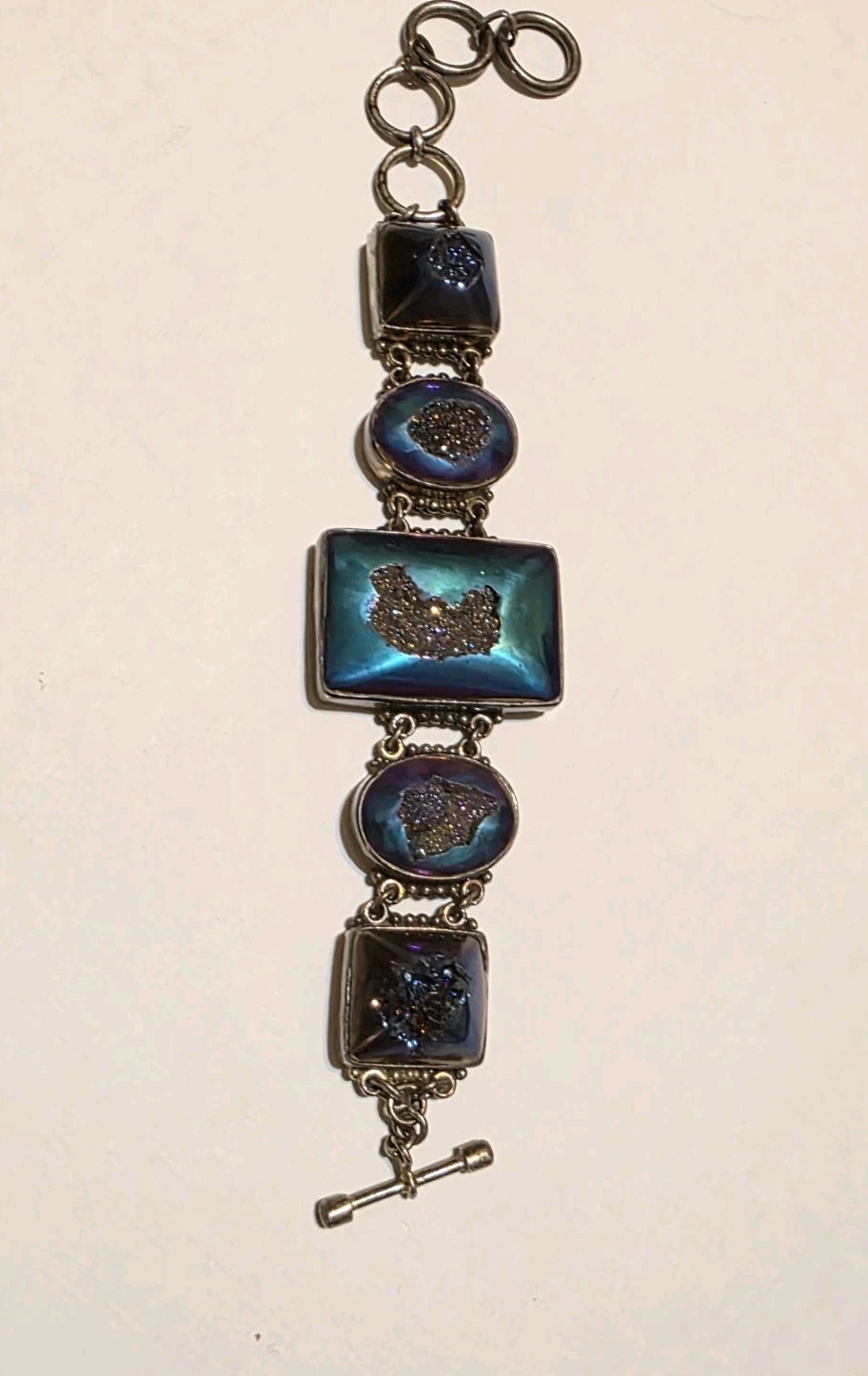 Signed SAJEN 925 Sterling Silver Chalcedony Amethyst Druzy Quartz Bracelet 45g