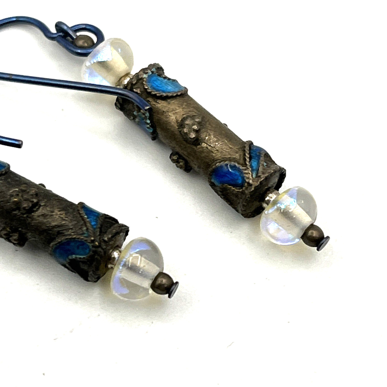 Vintage Chinese Export Blue Enamel Earrings 1.75″