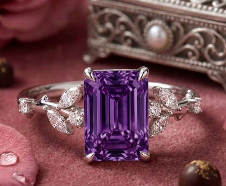 4.40 Ct Certified Emerald Cut Purple Natural Diamond Ring VVS1 White Gold Finish