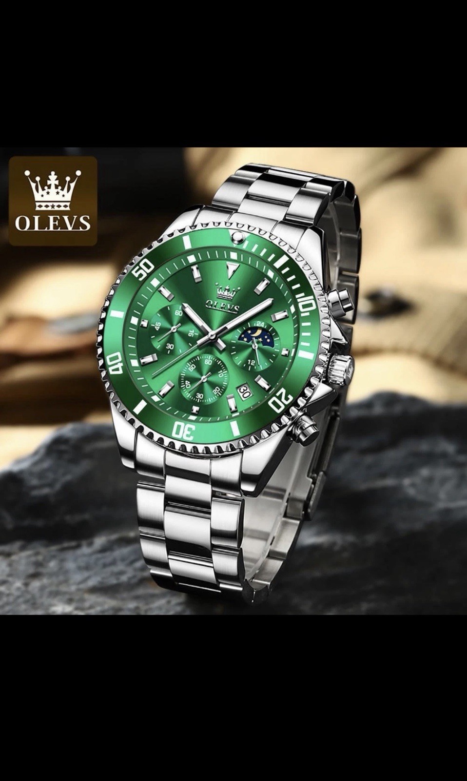 OLEVS Men Luxury Watch Waterproof Diver Quartz Chronograph MoonStainless Steel