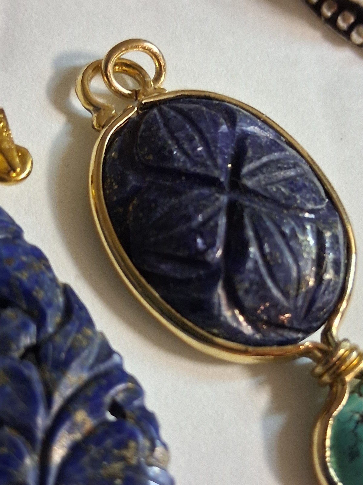 carved lapis lazuli gold filled pendants, sterling silver necklace, total 40g