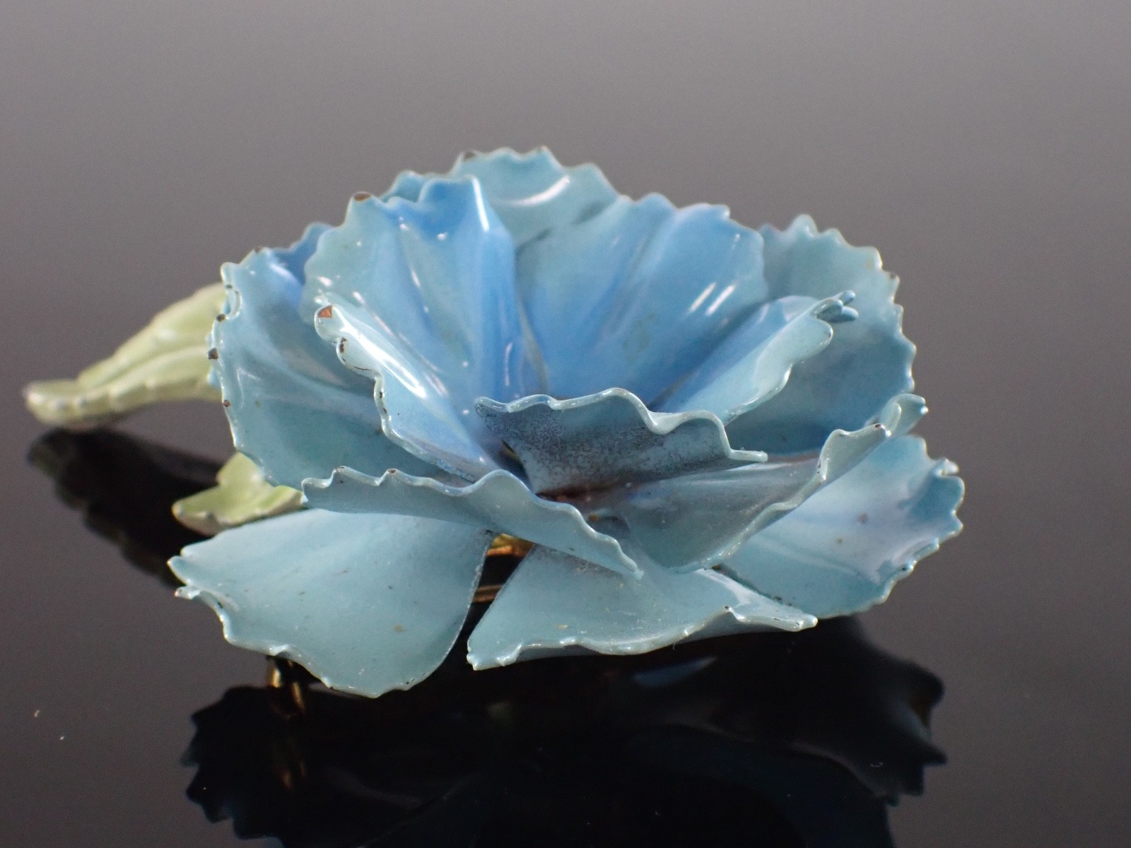 Vintage Blue Enamel Flower Brooch Glass Rhinestone Center Mid Century