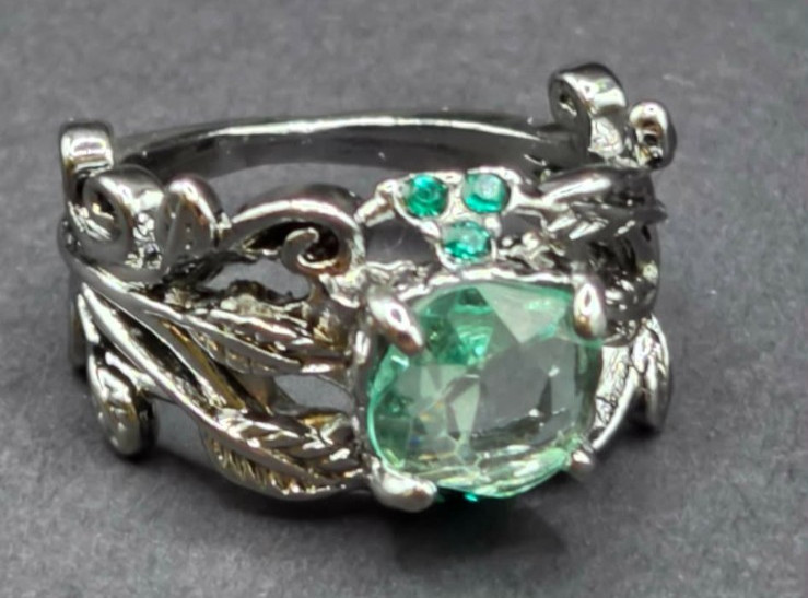 Gunmetal Black Gothic Oval Light Blue Stone Leaf Vine Accent Statement Ring