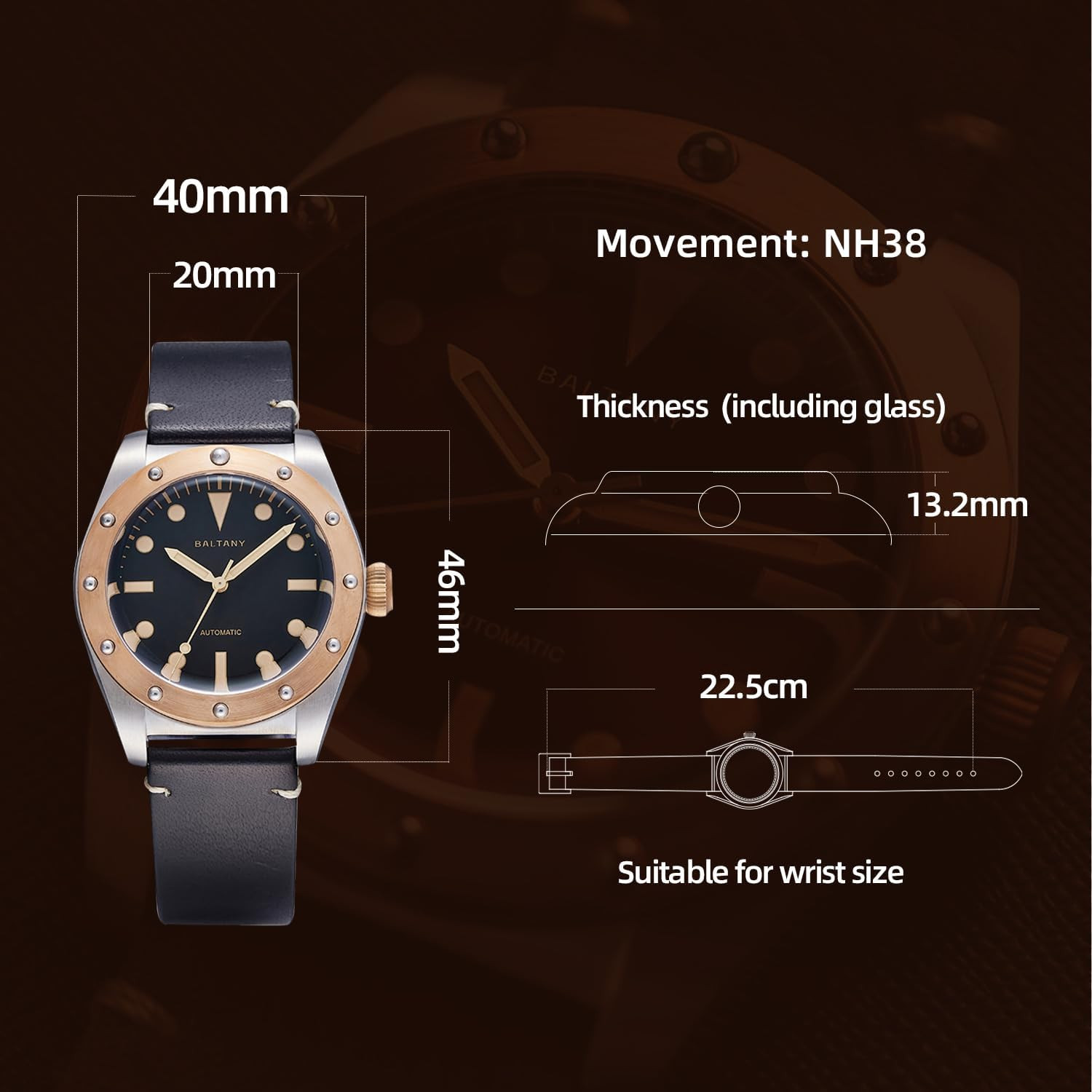 Men’s Vintage Bronze Automatic Watch – 40mm Stainless Steel NH38 Movement