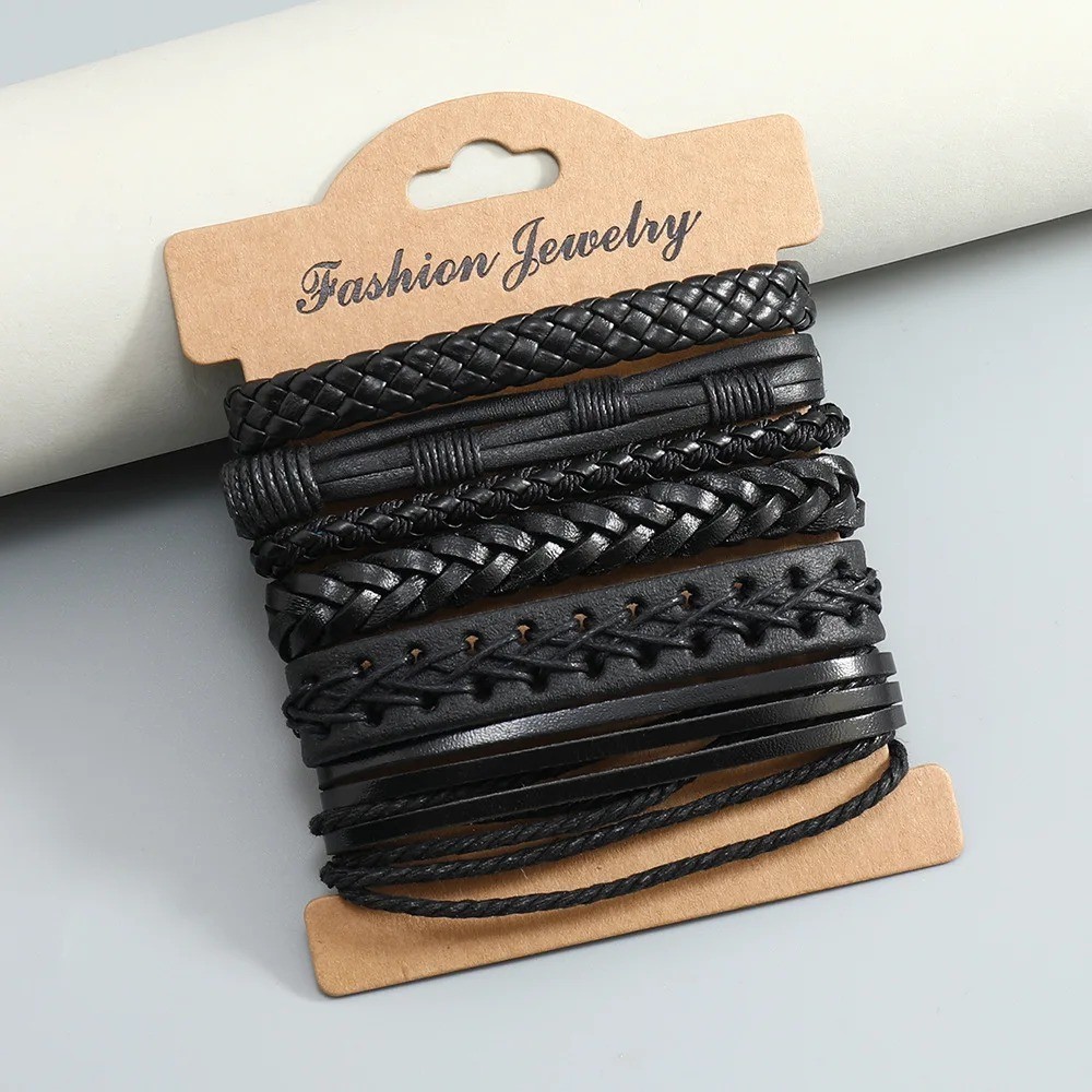 Vintage Braided Leather Bracelet Set 6PCS Adjustable Stackable Wristbands Men