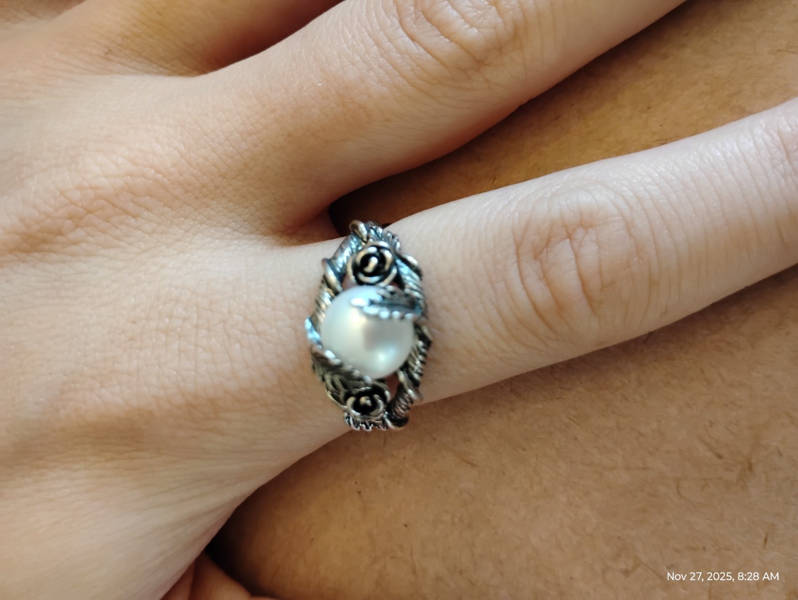 Paz Creations PZ Israel Solid 925 Sterling Silver Floral Pearl Ring Size 10