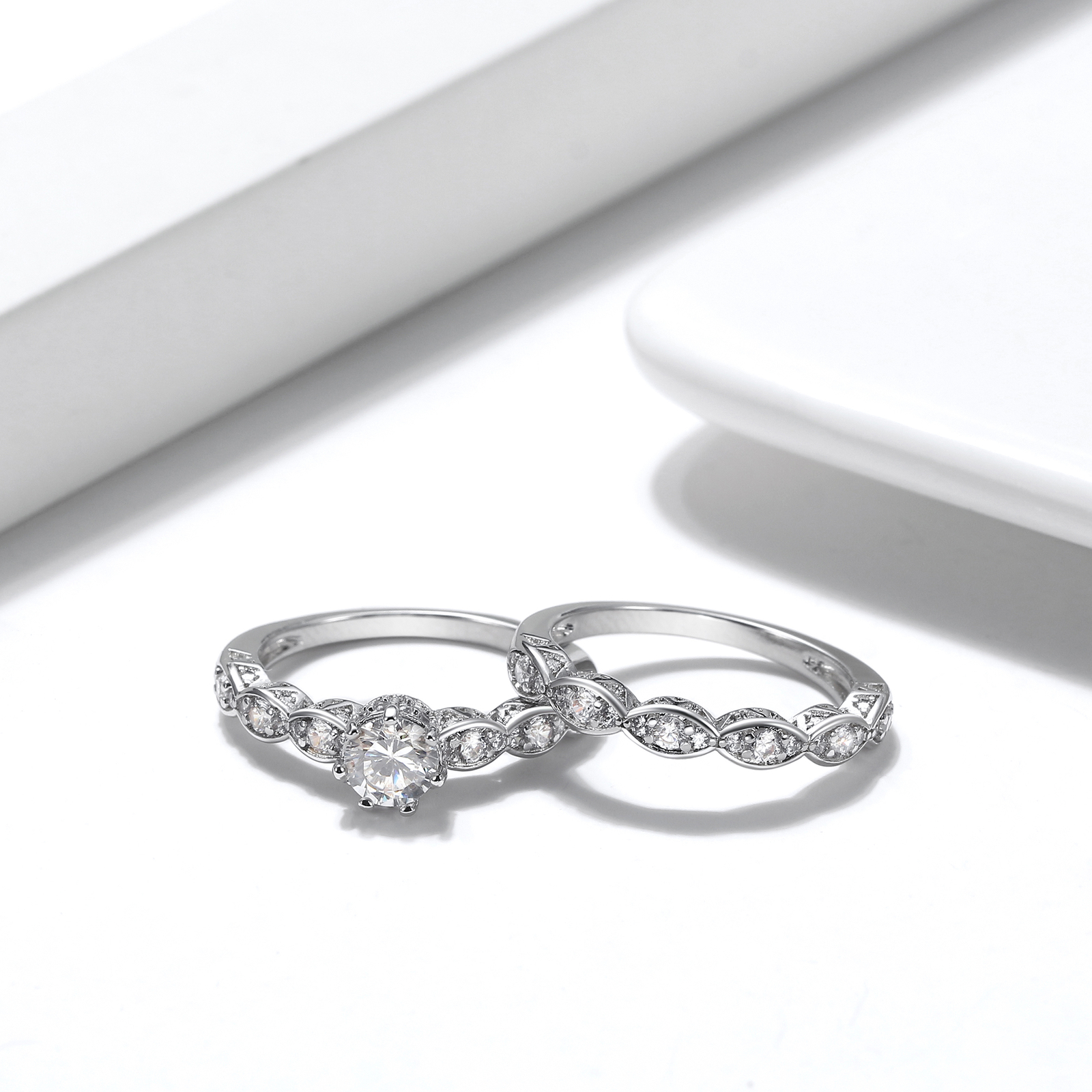 Nickie Wedding Ring Set Engagement Ring Matching Band CZ Womens Ginger Lyne C…