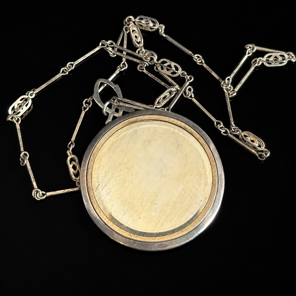 Antique Foster & Bailey Sterling Silver Red Guilloché Enamel Mirror Pendant Neck