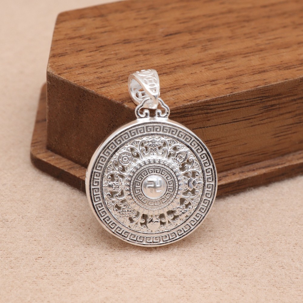 Pure S999 Fine Silver Men Women Lucky Hollow Circle Compass Pendant 4g 23*16mm