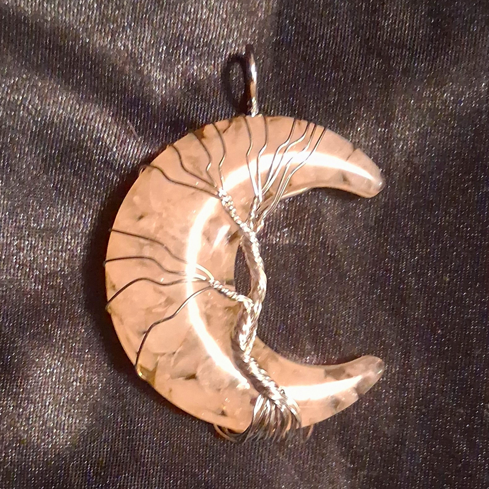 Crescent Moon Wire Wrapped Silver Tone Metal Pendant Charm Necklace