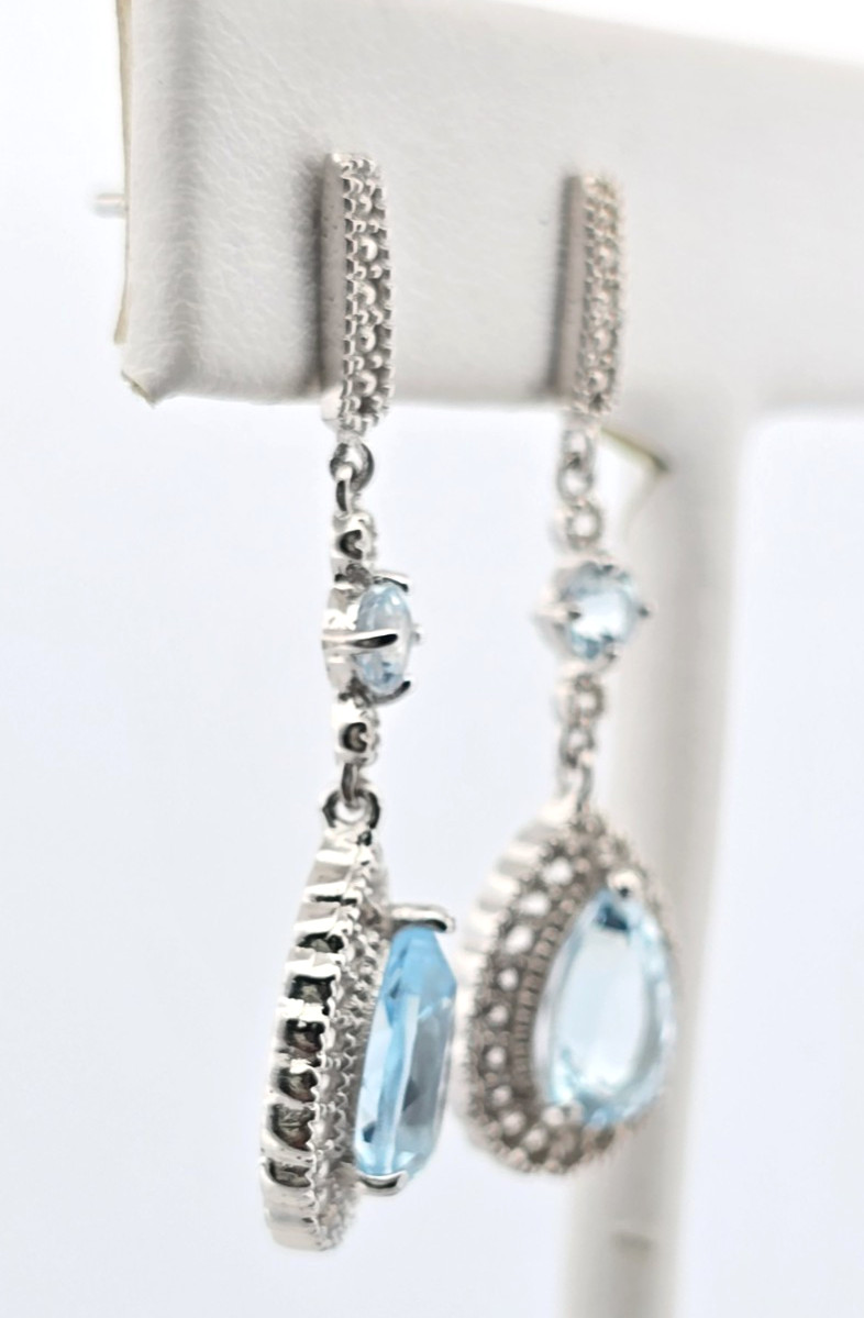 Sterling Silver 925 Blue Topaz White Sapphire Dangle Earrings Elegant Drop 1.25″