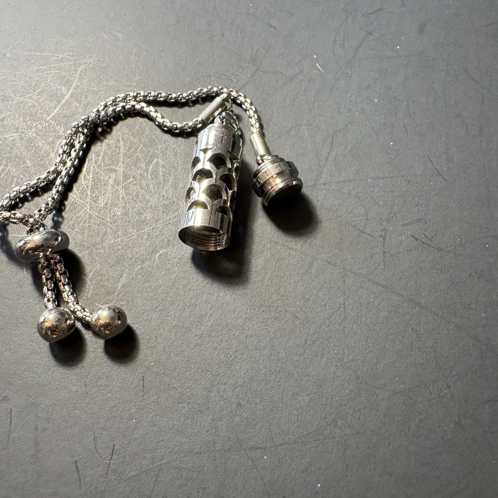 Silver Tone Adjustable Slider Bracelet Cutout Cylinder Black Stone Accent Boho