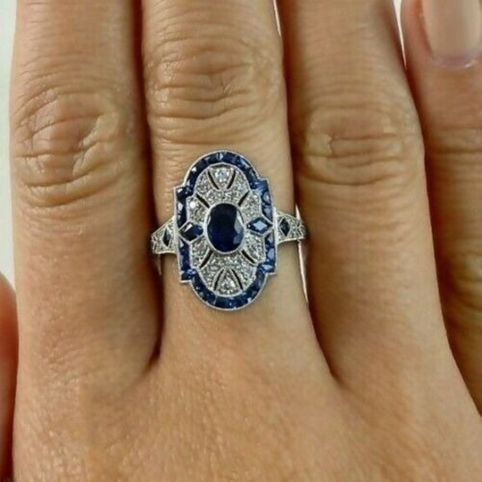 Blue Oval Cut Lab Created Diamond 14K Gold Vintage Edwardian Antique Fine Ring