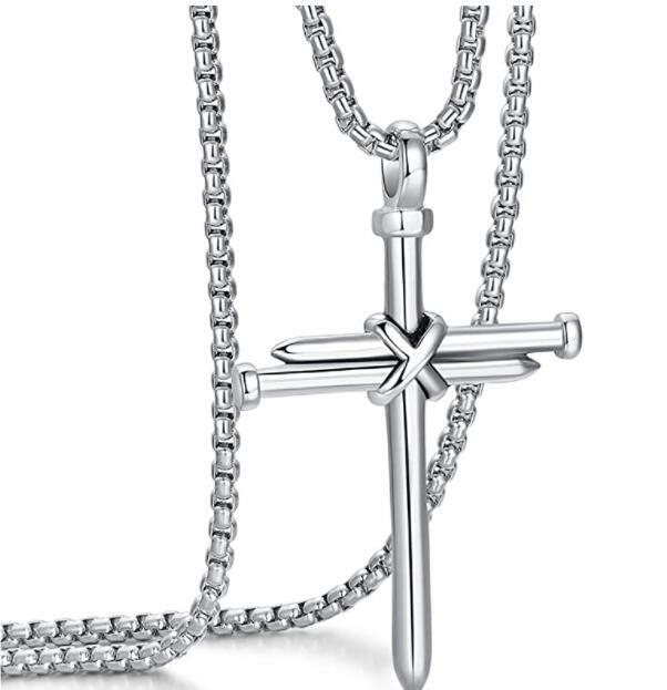 Men’s Stainless Steel Nail Cross Pendant Necklace 24 Inch Chain Polished Silver