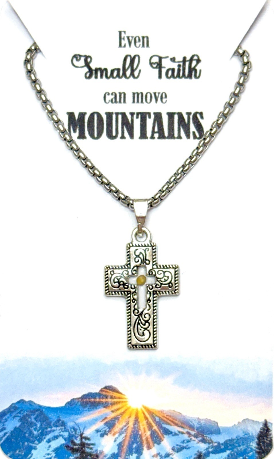 New Mustard Seed Cross Pendant 20” Stainless Steel Box Chain Necklace! Scripture