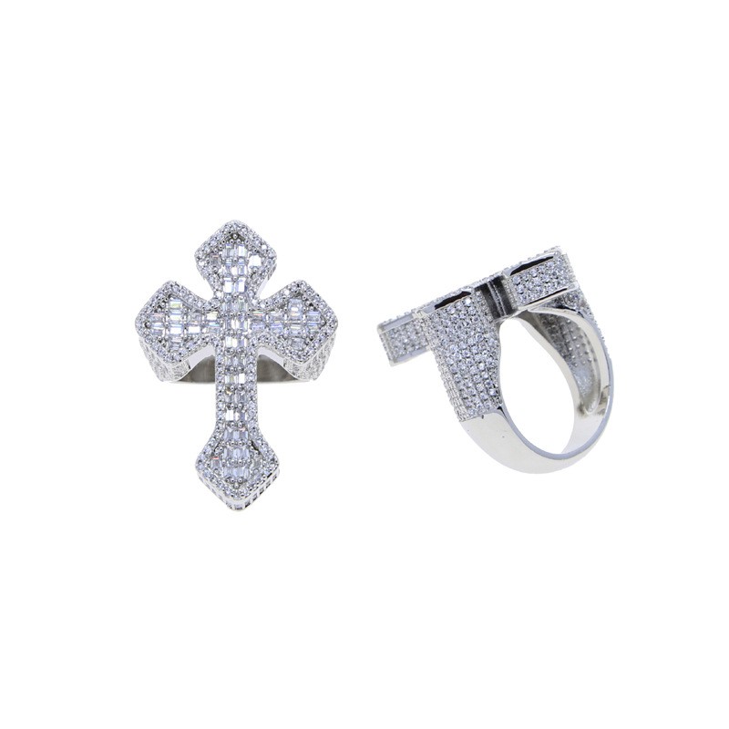 18K Gold Plated Iced CZ Out Cross Ring For Men White Gold Plated Fashion Jewelry